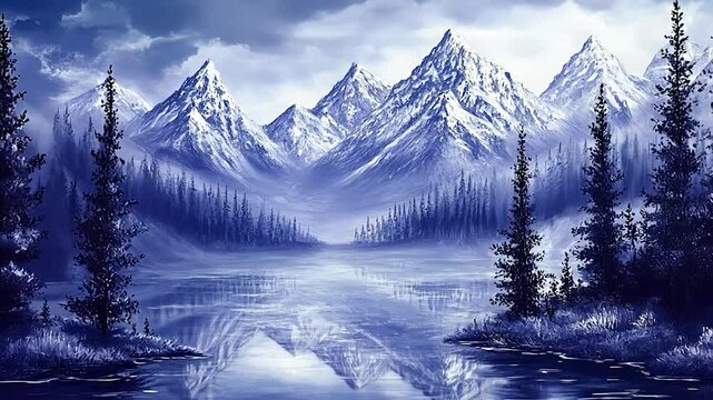 Winter landscape painting snowy mountains pine trees digital art