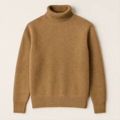Fototapeta premium a camel-colored turtleneck sweater laid flat on a neutral background 