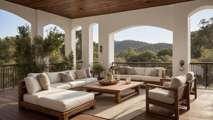 A luxurious outdoor living space with comfortable seating areas