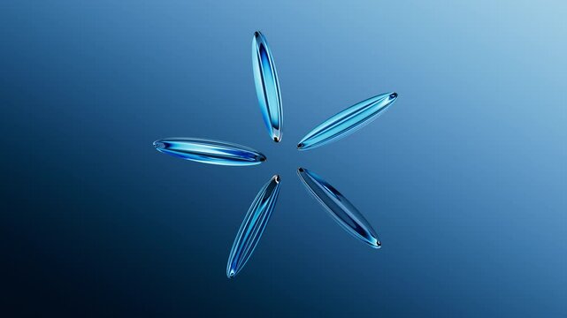 looping 3d animation. Abstract blue aesthetic background. Round glass lenses with reflective surface, floating on air, arranged in the shape of a flower, spin and rotate like a kaleidoscope