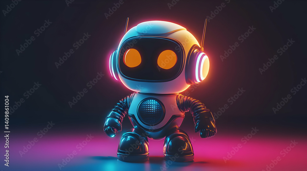 Poster stylized robot with glowing eyes and neon accents in dark setting and artificial intelligence concep