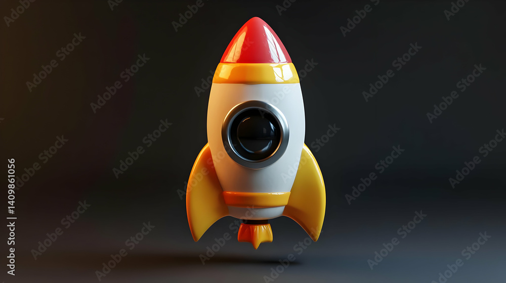 Poster stylized rocket ship with round window and yellow fins on gray gradient background