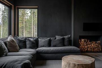 Fototapeta premium Modern rustic living room interior with dark sofa and wooden accents