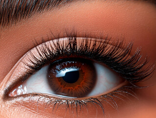 Fototapeta premium Close-up of a brown human eye with long curled eyelashes, smooth skin texture and visible reflection on the glossy surface of the eye