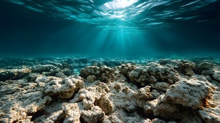 Obraz premium Underwater scene shows vast bleached white coral covering the seabed, viewed from below with sun rays piercing through deep blue water, highlighting environmental damage in realistic. 