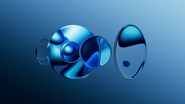 looping 3d animation. Abstract blue aesthetic background. Round glass lenses with reflective surface, floating on air, arranged in a row, spin and rotate like a kaleidoscope