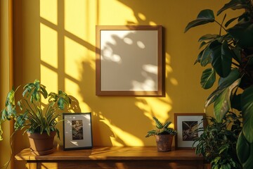 Fototapeta premium Sunny interior with framed art and lush green plants on wooden table