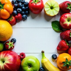 A colorful arrangement of fresh fruit berries and vegetables on a wooden table, healthy, nature