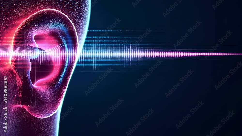 Poster Sound waves, represented as colorful digital streams, interact with a stylized human ear, visualizing the process of hearing and sound perception in a technological context