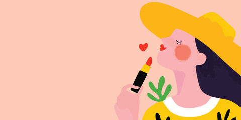 Obraz premium An illustration of a person with a large yellow hat puts on lipstick in a vibrant, cheerful style with lovely heart shapes, exuding charm and confidence. 
