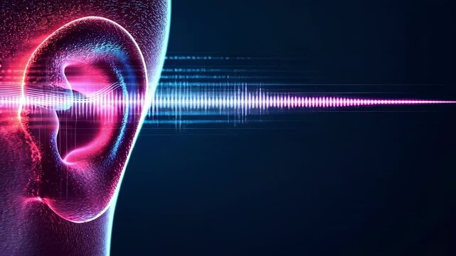 Sound waves, represented as colorful digital streams, interact with a stylized human ear, visualizing the process of hearing and sound perception in a technological context