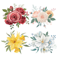 Different colors flowers set Wedding floral design Red roses Daffodil Pink and white flowers