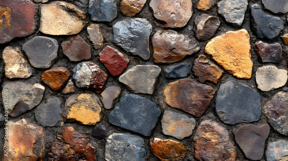 Poster textured stone wall with various shapes colors and sizes in a natural pattern forming a rugged and a