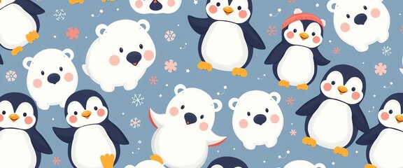 Adorable cartoon penguins and polar bears in a whimsical seamless pattern, perfect for winter apparel, pattern, scarf