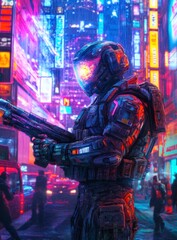 Futuristic Soldier in Neon Cityscape with Advanced Technology Gear