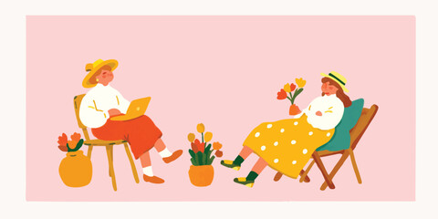 Fototapeta premium Two figures enjoy leisurely moments in a garden scene. One works on a laptop, and the other holds flowers, creating a relaxing and idyllic image.