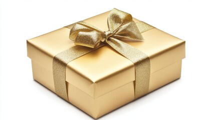 Obraz premium Elegant Gold Gift Box with Shiny Bow and Ribbon on White Background