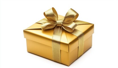 Obraz premium Elegant gold gift box with shiny ribbon on white background