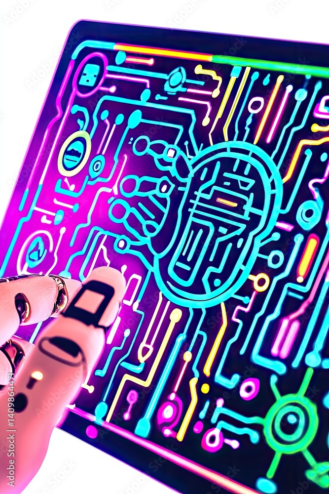 Poster a robotic hand interacts with a vibrant, circuit-board-like tablet displaying a glowing brain