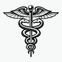 Caduceus Symbol Design Two Snakes Coiled Around a Winged Rod, Medical Emblem, Black Shape