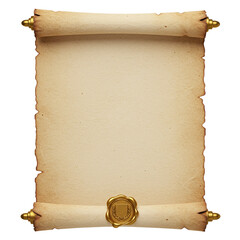 Realistic open parchment scroll with gold wax seal isolated isolated on white background