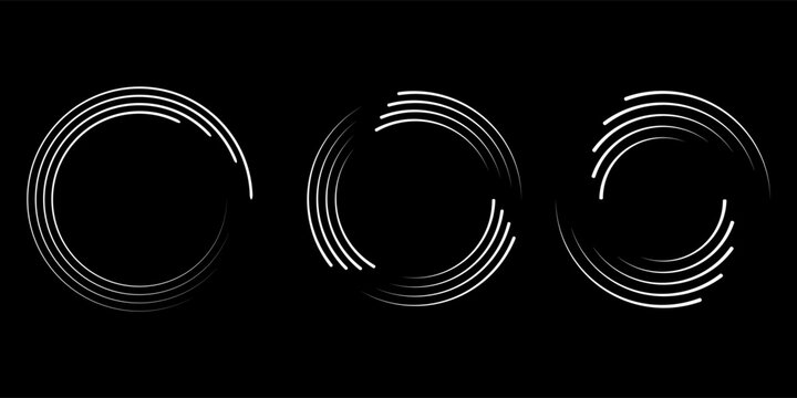 Set of speed lines in circle form. Radial speed Lines in Circle Form for comic books. Technology round Logo. Black thick halftone dotted speed lines.
