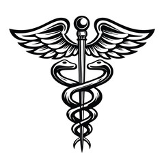 Caduceus Symbol Intricate Black & White Design Featuring Snakes and Winged Staff