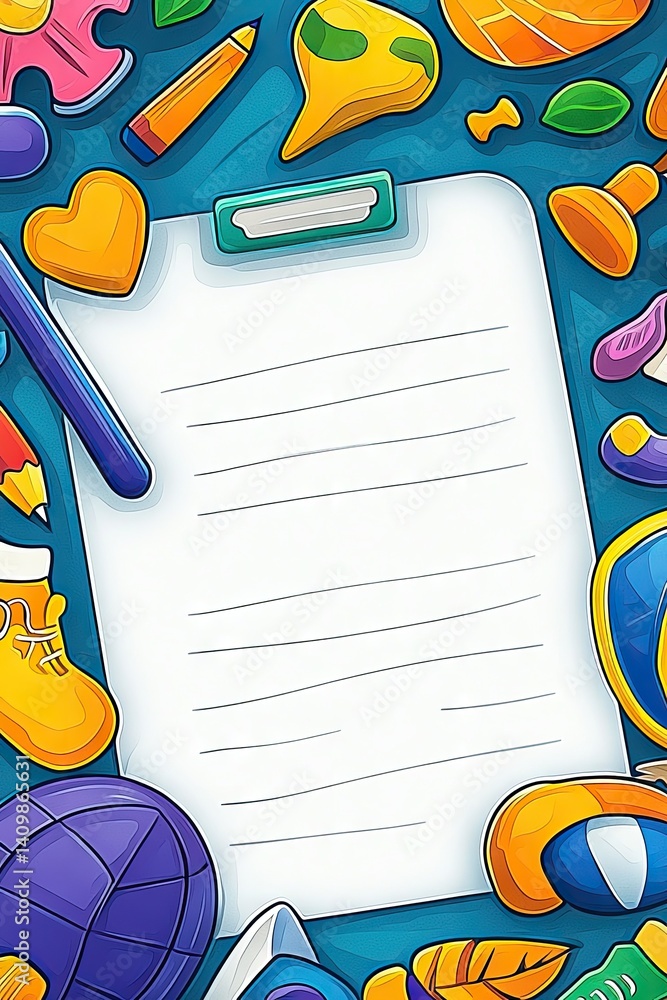 Poster blank checklist surrounded by colorful doodles of various objects