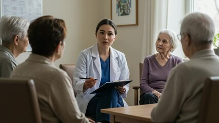 Healthcare Professional Discusses with a Group of Elderly People in a Bright Room - Powered by Adobe