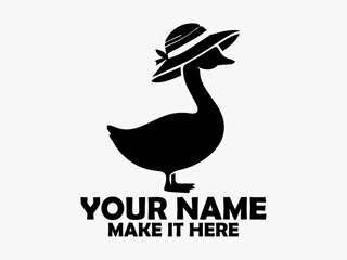 Duck isolated clip art design. White background, bird duck vector. Simple black silhouette illustration of a cute cartoon duck wearing a striped hat on a transparent background, logo duck cute