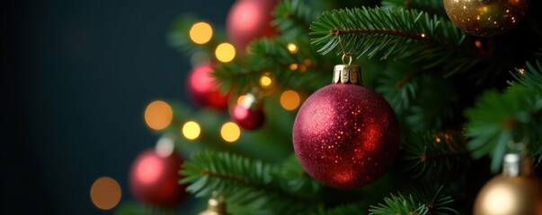 Close-up of shiny, colorful baubles and glittering lights on a dense, green Christmas tree foliage, decorations, glass, reflective