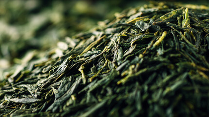Gyokuro tea leaves finely rolled close-up texture