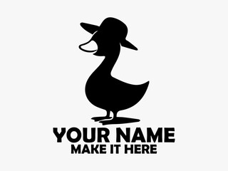 Duck isolated clip art design. White background, bird duck vector. Simple black silhouette illustration of a cute cartoon duck wearing a striped hat on a transparent background, logo duck cute