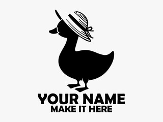 Duck isolated clip art design. White background, bird duck vector. Simple black silhouette illustration of a cute cartoon duck wearing a striped hat on a transparent background, logo duck cute
