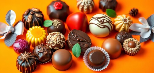 Assorted gourmet chocolates elegantly arranged on a vibrant orange background,  deliciousness, assorted