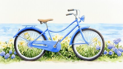 Fototapeta premium Vintage Light Blue Bicycle by the Ocean Watercolor Painting