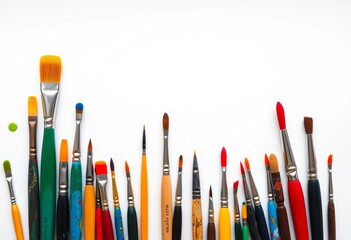 Fototapeta premium Assortment of paintbrushes, various sizes and shapes, coated with vibrant gouache, set against a stark white background, art, colorful