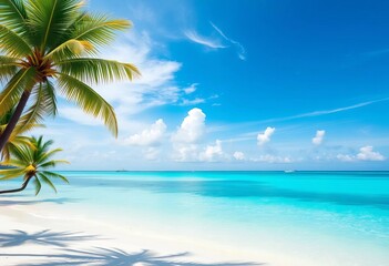 Fototapeta na wymiar Azure sky, white clouds, turquoise ocean, palm trees, soft sand, vacation, florida