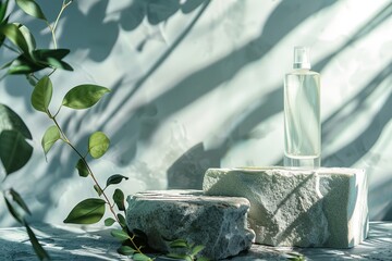 Natural Beauty Product Display with Glass Spray Bottle and Green Leaf Shadows