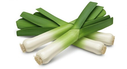 Detailed close-up of fresh green leeks with vibrant bulbs and lush stalks, captured on a white background