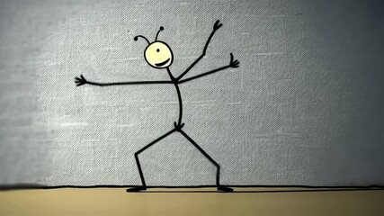Playful stick figure with a smiling face dances joyfully against a textured wall backdrop