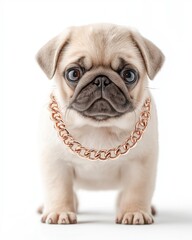 Obraz premium A cute pug puppy with a shiny chain necklace, exuding charm and playfulness against a white background.