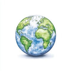 Fototapeta premium Watercolor Earth Globe Illustration Green and Blue Continents on White Background