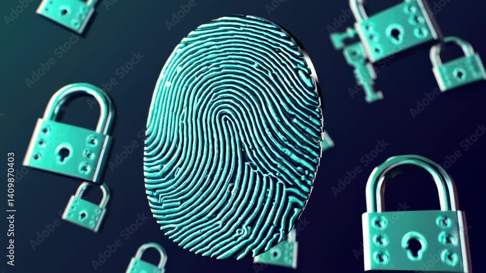 Aufkleber Luminous fingerprint with rotating padlocks glimmering against dark backdrop, symbolizing robust cybersecurity protocols and advanced biometric authentication methods