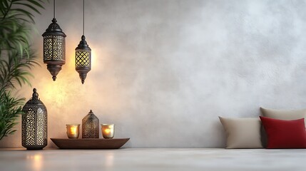 Serene Moroccan Interior Design with Lanterns and Pillows