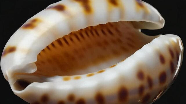 Detailed macro photograph showcasing the intricate details of a delicate sea shell with smooth surfaces, brown spots, and organic curves against a dark backdrop.