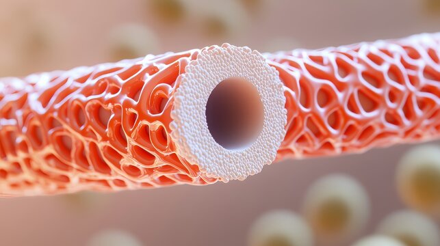 microscopic blood vessel cross section showing detailed cellular structure and tissue layers, scientific medical illustration of human anatomy and biology