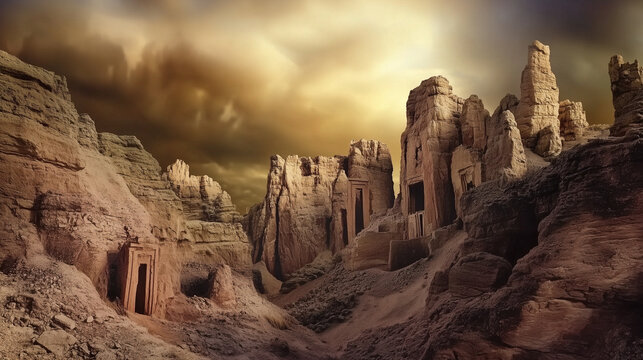 Ancient Rock City and Dramatic Cloudy Sky at Sunset Desert Landscape