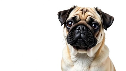 Obraz premium Solo pug, front view, against pure white backdrop, puppy, loyal