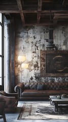 Rustic industrial lounge with leather seating and raw textures